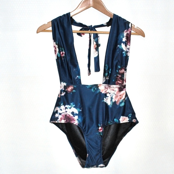 Deep Cut Floral Swimsuit One Piece Triangle Top - Picture 1 of 4